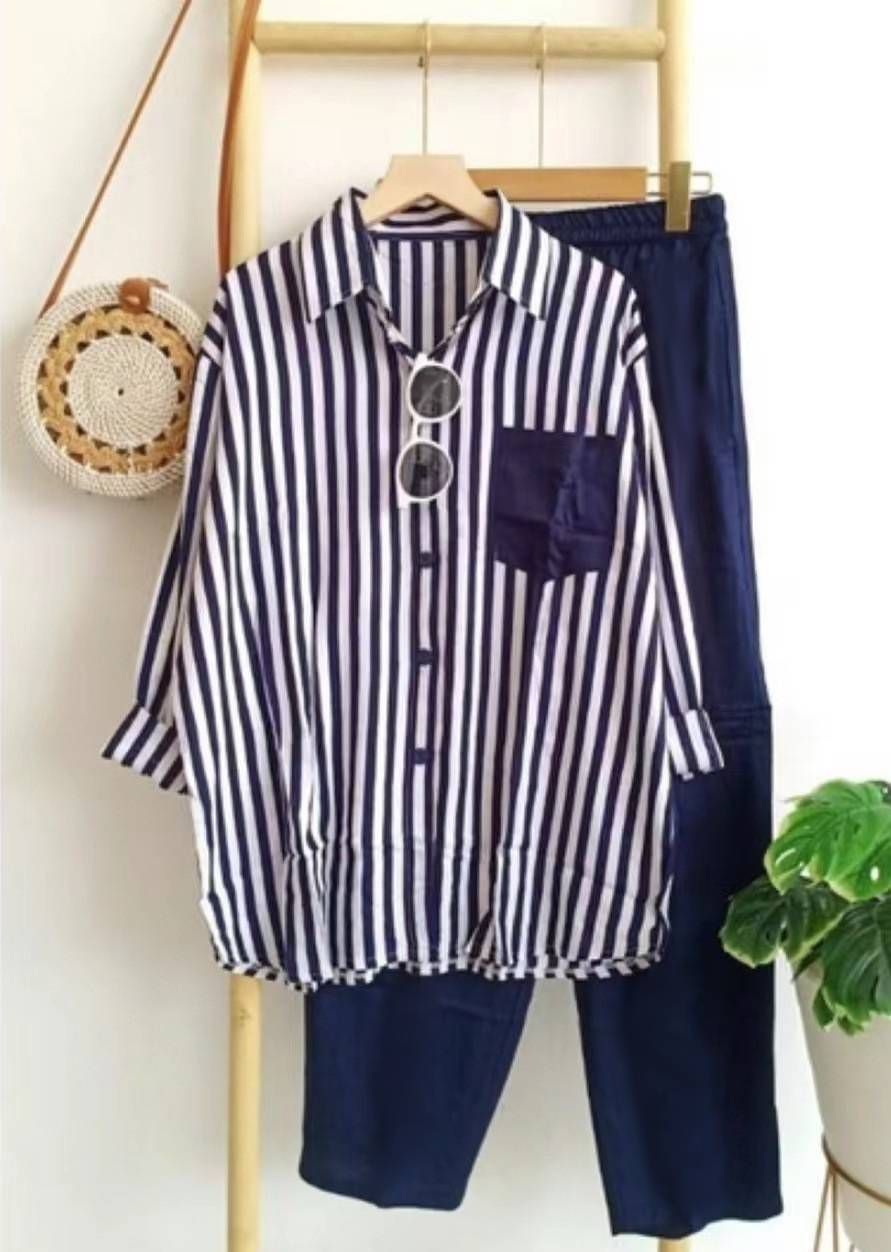Women's Plus Size Women's Clothing Summer Slightly Fat MM Fashionable Loose Slim Comfortable Casual Striped Suit_mkmklike.com