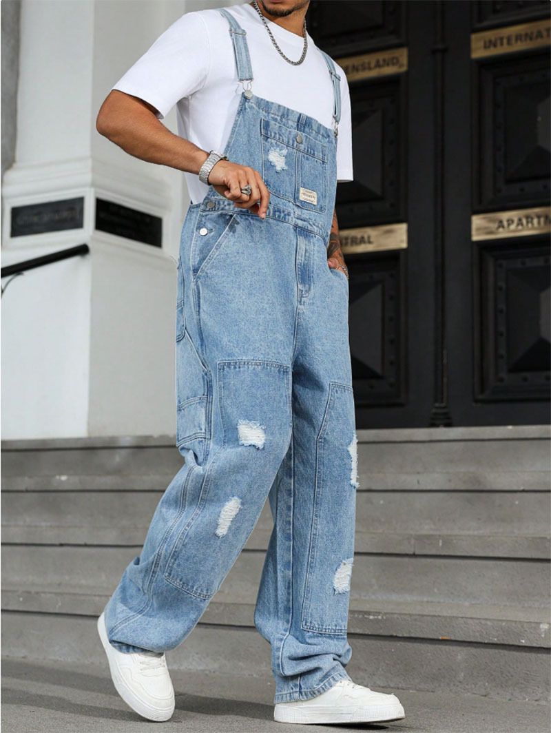 HME Men's Trendy Ripped Jumpsuit Jeans Overalls High Street Style Cross Border ETEMU SHEIN_mkmklike.com