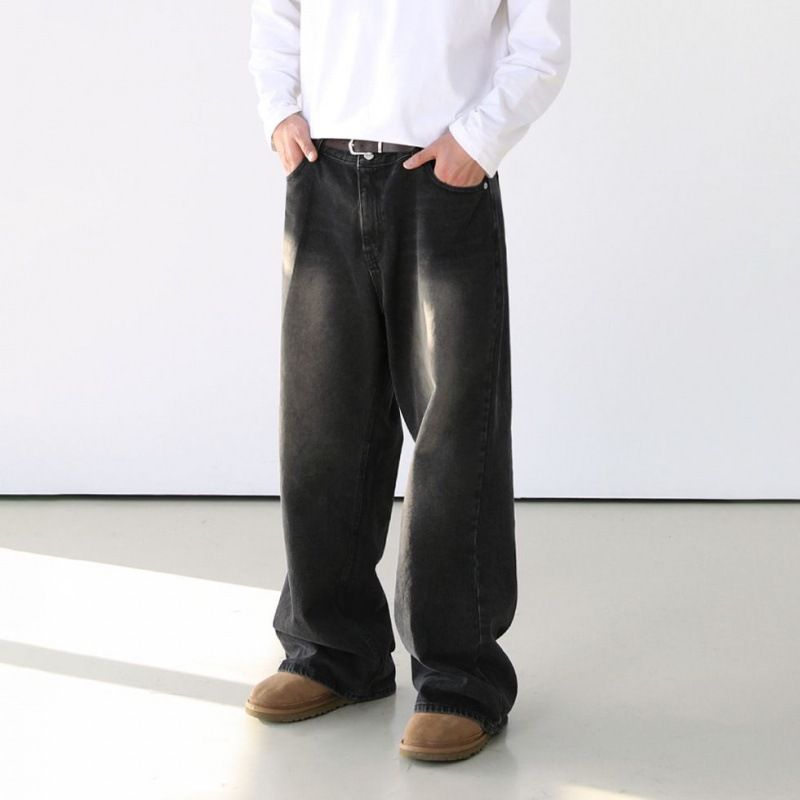 Retro Gradient Washed Jeans Loose Wide Leg Pants Korean Style Trendy Straight Leg Trousers For Men Spring Collection_mkmklike.com