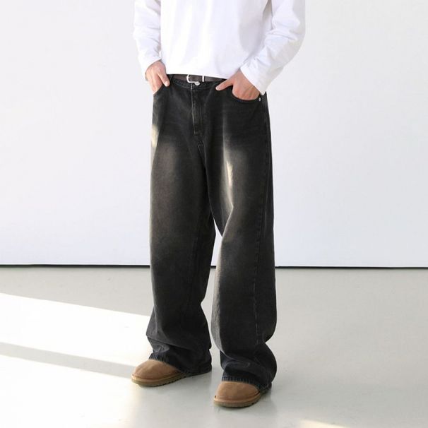 Retro Gradient Washed Jeans Loose Wide Leg Pants Korean Style Trendy Straight Leg Trousers For Men Spring Collection_mkmklike.com