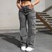 Distressed Washed Denim Cargo Pants For Women & Teens - Multi-Pocket Workwear Jeans, Streetwear Fashion, High Waist Straight Leg (Black, XS-XXL)_mkmklike.com