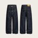 Men's Style Double Waistband Rivet Indigo Blue Textured Denim A-Line Relaxed Straight Leg Long Pants_mkmklike.com
