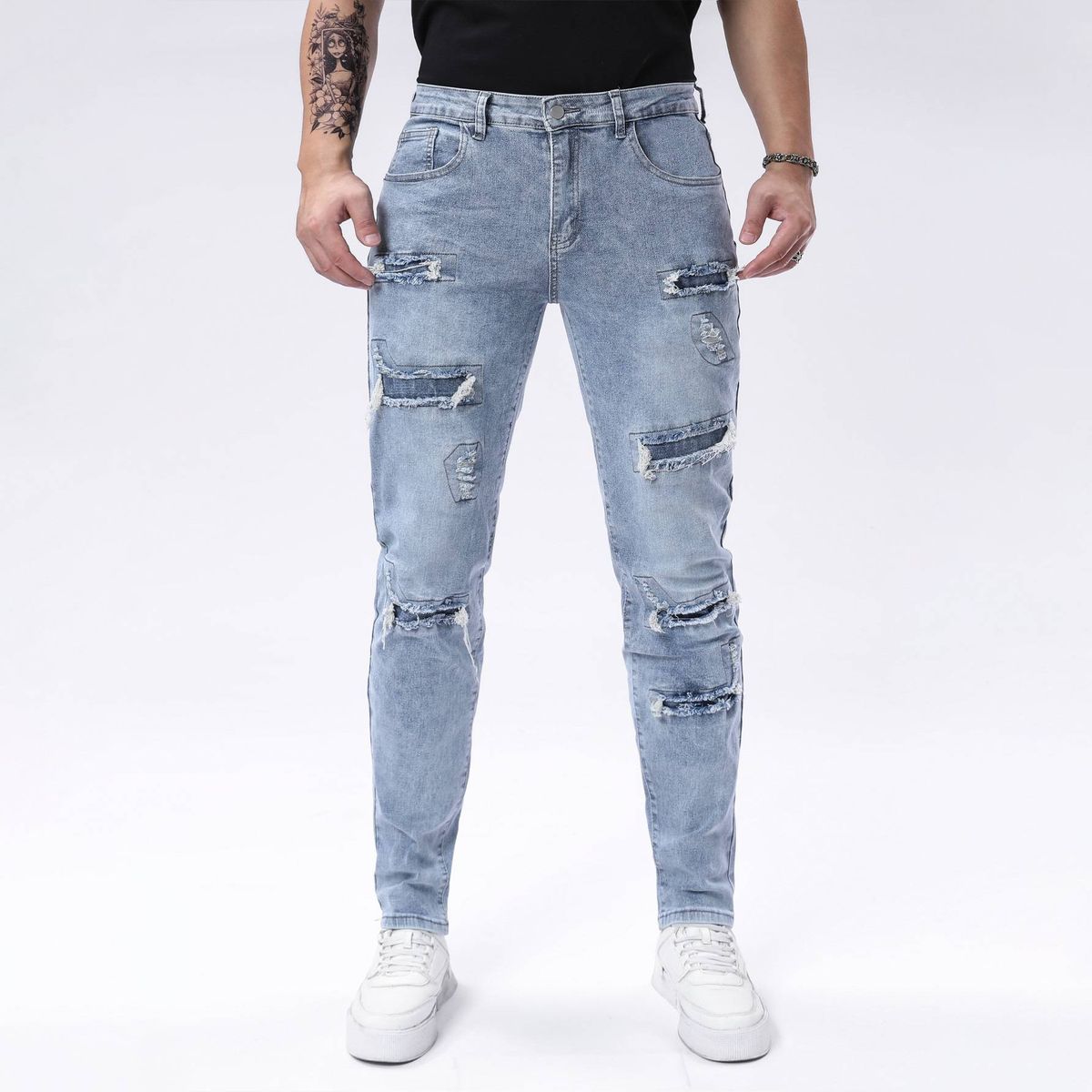 Men's Light Blue Stretch Denim Jeans Midweight Distressed Bicycle Trousers Street Style Mid Waist Polyester_mkmklike.com