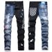 High Street Youth Slim Fit Yin-yang Color Letter Printed Elastic Perforated Small Leg Jeans_mkmklike.com
