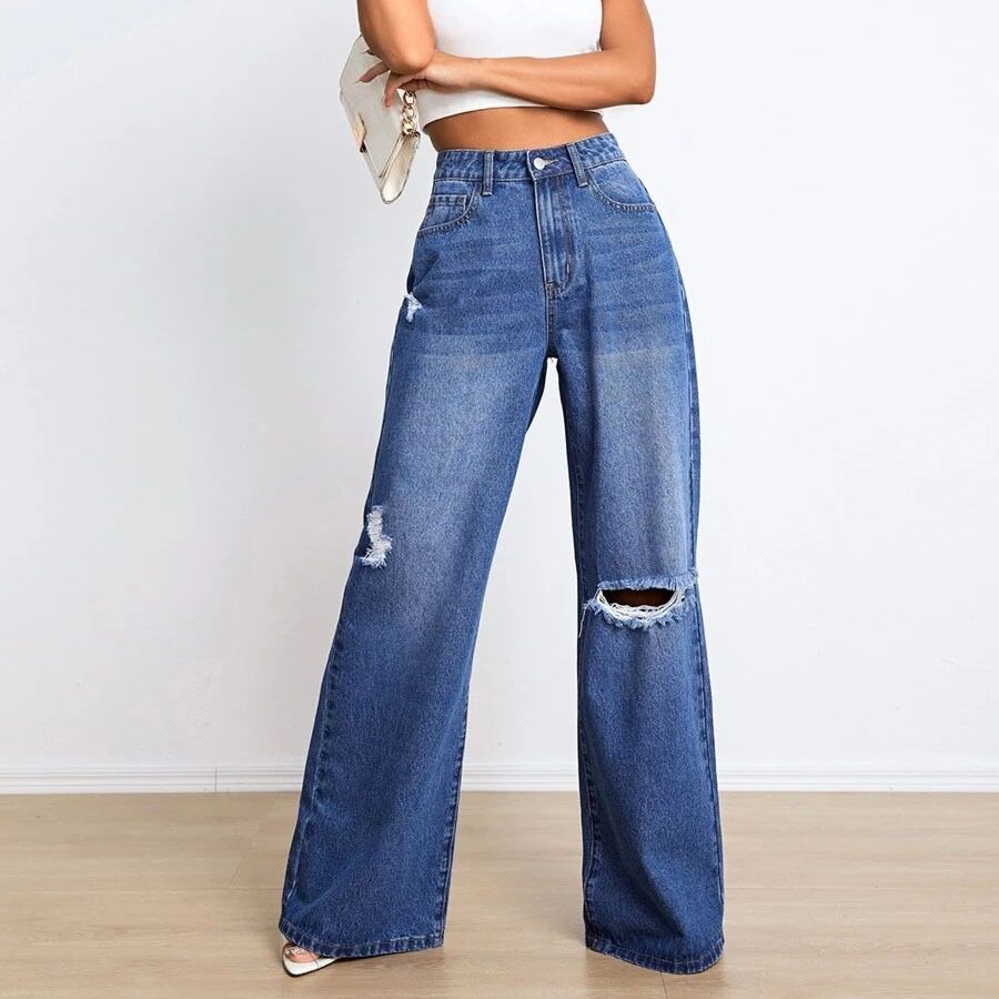 New Jeans High Waist Ripped Holes Loose Slimming Wide Leg Pants_mkmklike.com