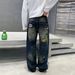 Men's Clothing Trendy Loose Straight Blue Washed Jeans Midweight Skinny Wide Leg Cotton Pants Machine Washable Long Mid Waist_mkmklike.com