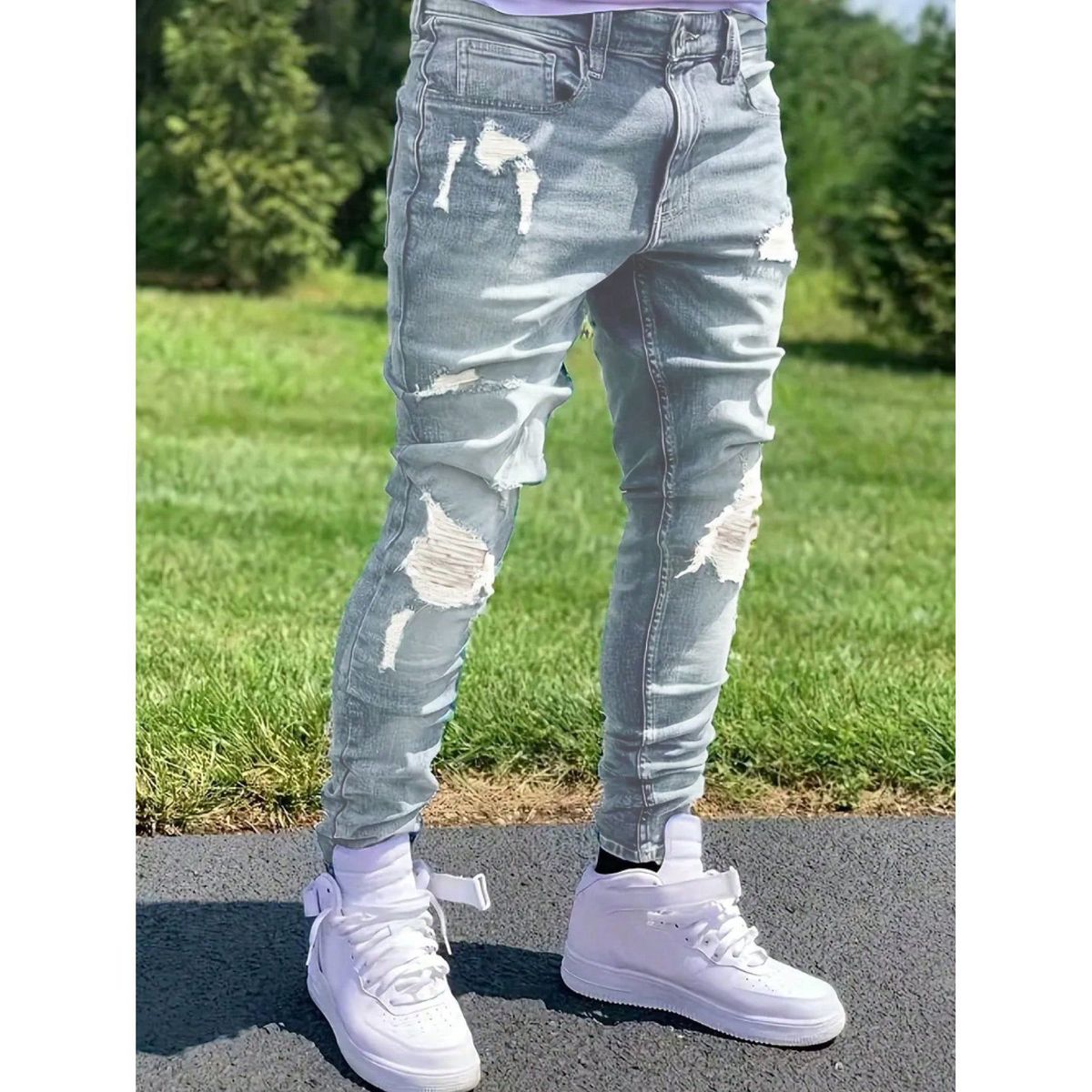 Men's Clothing Men's Slim Fit Skinny Jeans High Street Motorcycle Style Ripped And Patched Style Slimming Leg Pants_mkmklike.com