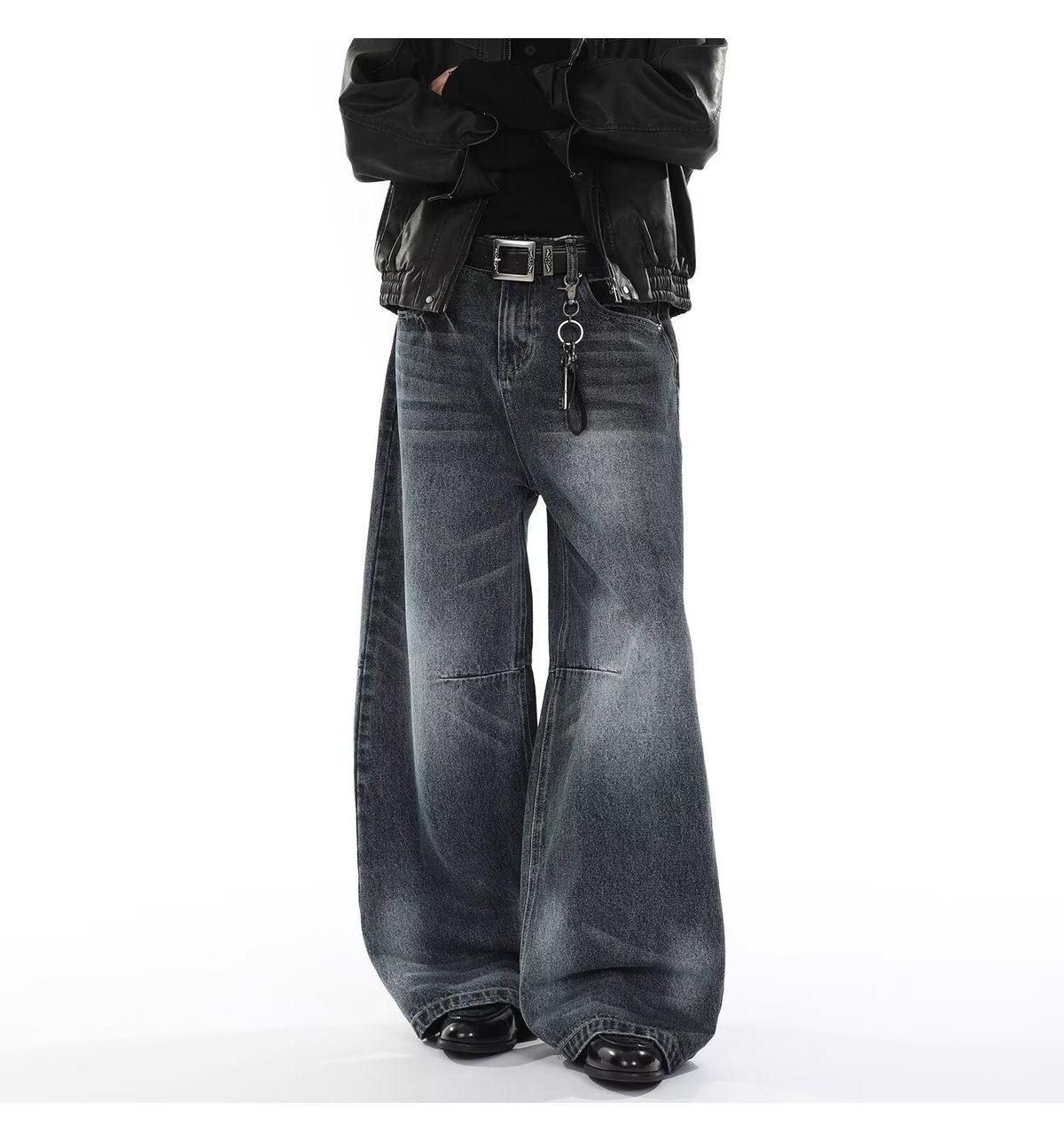 Vintage Washed Clean Fit Jeans For Men – American High Street Style Straight Leg Denim Pants With Mid-Rise & Ribbed Hem (Grey & Blue)_mkmklike.com