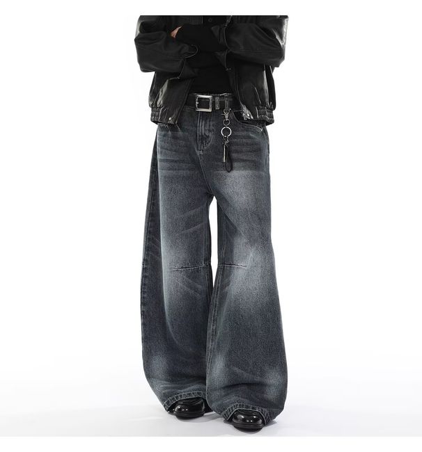 Vintage Washed Clean Fit Jeans For Men – American High Street Style Straight Leg Denim Pants With Mid-Rise & Ribbed Hem (Grey & Blue)_mkmklike.com