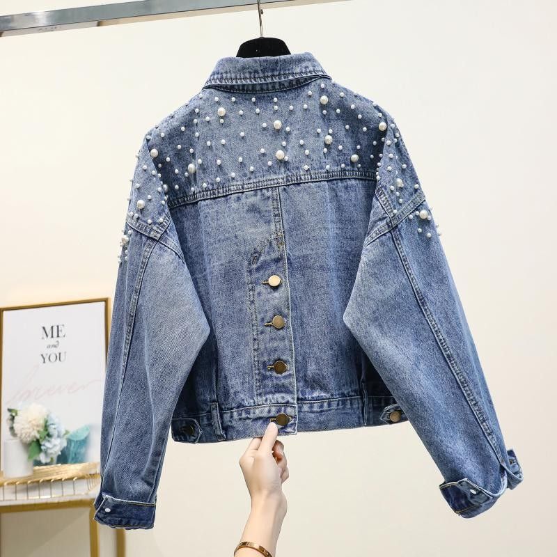 Women's Denim Jacket Style Short Loose Versatile Heavy Duty Beaded Relaxed Everyday Wear Versatile Comfortable Feshion Trend_mkmklike.com