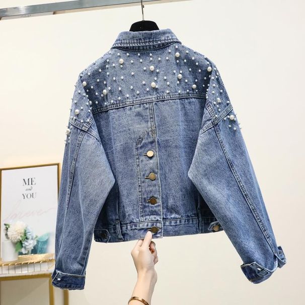 Women's Denim Jacket Style Short Loose Versatile Heavy Duty Beaded Relaxed Everyday Wear Versatile Comfortable Feshion Trend_mkmklike.com