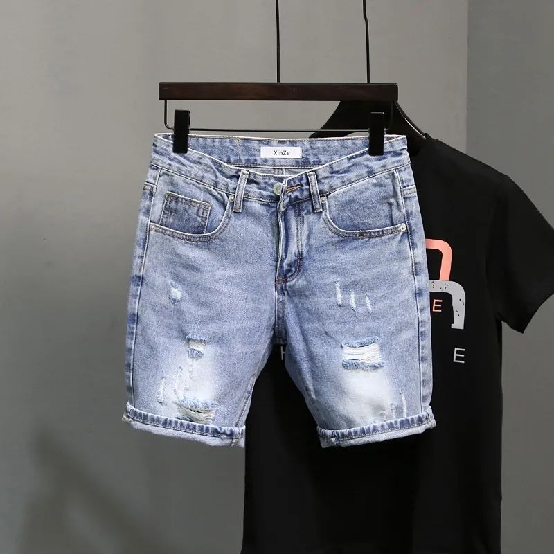 Summer Fashion Trendy Blue Denim Shorts For Men Casual Style Slim Fit Korean Version Ripped Pockets Summer Lightweight Trousers_mkmklike.com
