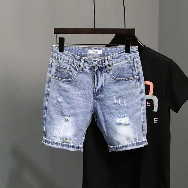 Summer Fashion Trendy Blue Denim Shorts For Men Casual Style Slim Fit Korean Version Ripped Pockets Summer Lightweight Trousers_mkmklike.com