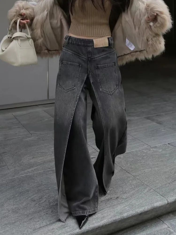 Women's Clothing Y2K Style Retro Deconstructed Reversible Wide Leg Jeans For Women._mkmklike.com