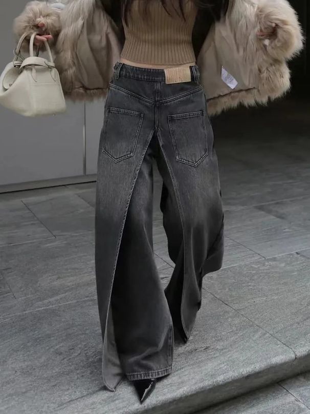 Women's Clothing Y2K Style Retro Deconstructed Reversible Wide Leg Jeans For Women._mkmklike.com