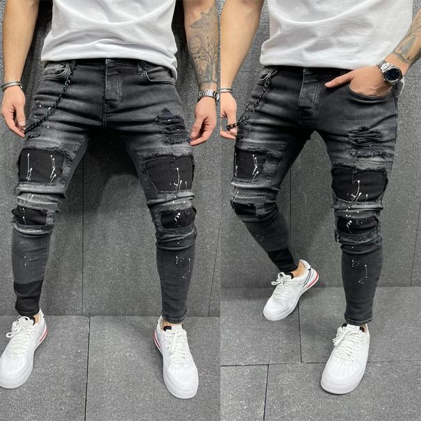 European And American Men's Ripped Printed Jeans Sticker Elastic Small Foot Jeans New_mkmklike.com