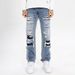 High Street Trendy Brand, Personalized Hip-Hop, Distressed, Washed, Cut Hole Jeans, Patched Straight Leg Casual Pants_mkmklike.com