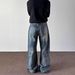 Men's American Style Washed Distressed Wide Leg Jeans Blue Loose Fit Straight Leg Casual Trousers_mkmklike.com