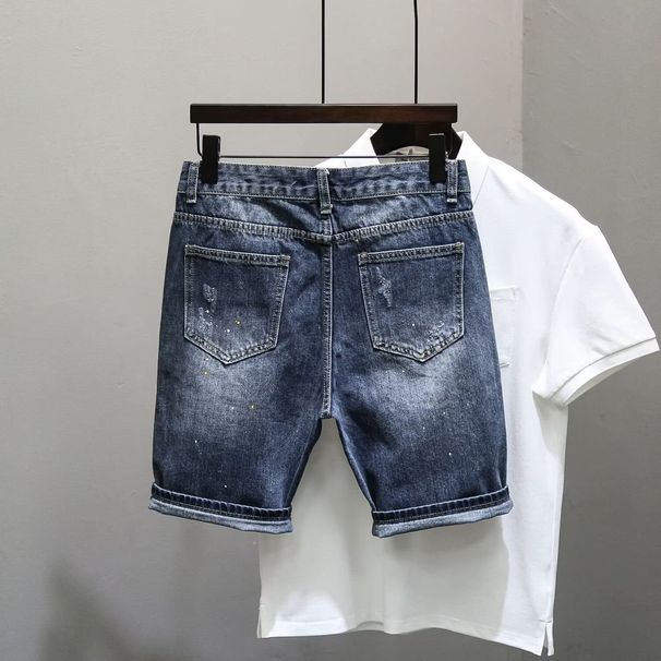 Men's Summer Denim Shorts Korean Style Trendy Slim Fit Skinny Ripped Washed All Match Five Point Pants_mkmklike.com