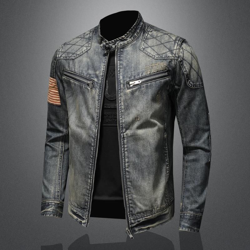 Men's Clothing Denim Suit Autumn Stand Up Collar Motorcycle Jacket Retro Handsome Hoodless Workwear_mkmklike.com