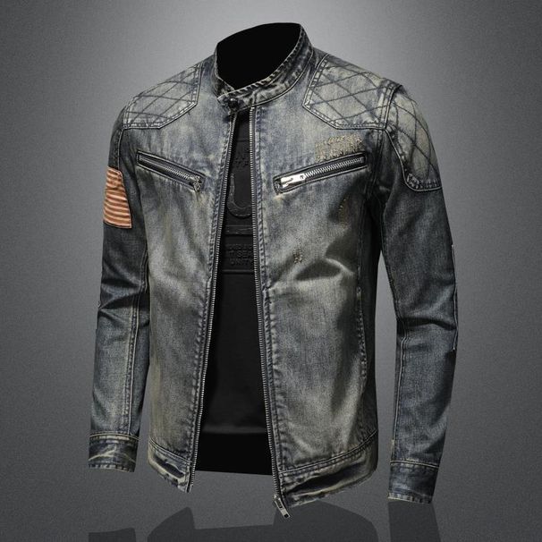Men's Clothing Denim Suit Autumn Stand Up Collar Motorcycle Jacket Retro Handsome Hoodless Workwear_mkmklike.com