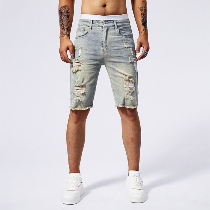 Men's Clothing Fashion Brand Ripped Denim Shorts Men Summer Thin Personalized Patch Five Point Pants_mkmklike.com