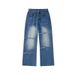 American Niche Splicing Jeans Men's Spring And Autumn New High Street Old Washed Floor Trousers Design Wide-leg Trousers_mkmklike.com