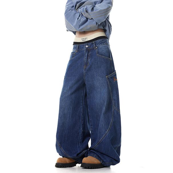 Retro American Street Style Silhouette Curved Blade Jeans Loose Wide Leg Floor Length Trousers Banana Pants Sickle Pants Men's Denim_mkmklike.com