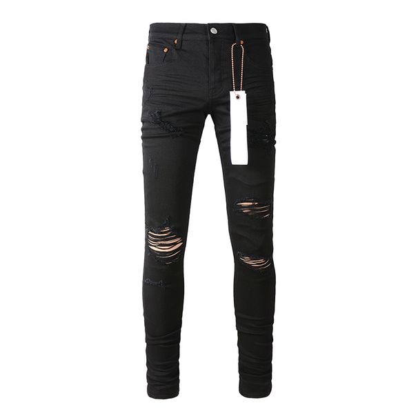 Men's High Street American Fashion Style Distressed Black Damaged Holes Stretch Skinny Button Fly Ripped Jeans_mkmklike.com