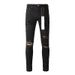 Men's High Street American Fashion Style Distressed Black Damaged Holes Stretch Skinny Button Fly Ripped Jeans_mkmklike.com