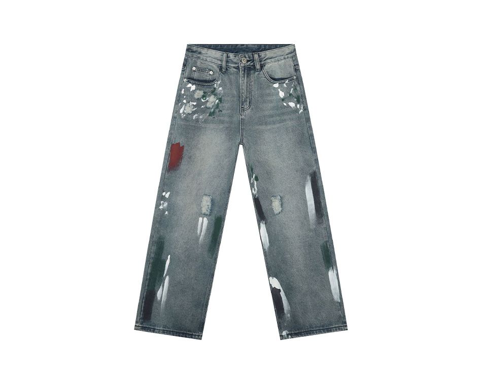 EF JEANS | 2025 Spring New American Heavy Industry Hand-painted Graffiti Mopping Loose Straight Jeans Tide_mkmklike.com