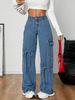 Jeans Women Denim Straight Wide Leg Pants 2025 Streetwear Button Pockets Mid Waist Lace Up Bow Washed Distressed Trousers_mkmklike.com