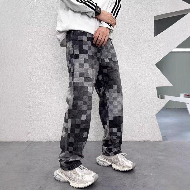 Men's Clothing Mosaic Print Design Jeans Retro Washed Loose Casual Straight Floor Length Wide Leg Trousers_mkmklike.com