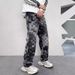 Men's Clothing Mosaic Print Design Jeans Retro Washed Loose Casual Straight Floor Length Wide Leg Trousers_mkmklike.com