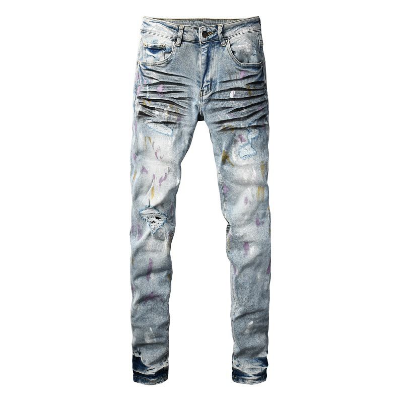 Men's Clothing Men's Distressed Jeans With Graffiti & Cat Whisker Details - Slim Fit Ripped Denim Pants For Streetwear Fashion (Light Blue)_mkmklike.com