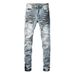 European And American Trendy Brand Men's Ripped Jeans Men's Slim-fitting Graffiti Street Trendy Black Cat Beard Crumpled Heavy Industry Ripped Pants_mkmklike.com