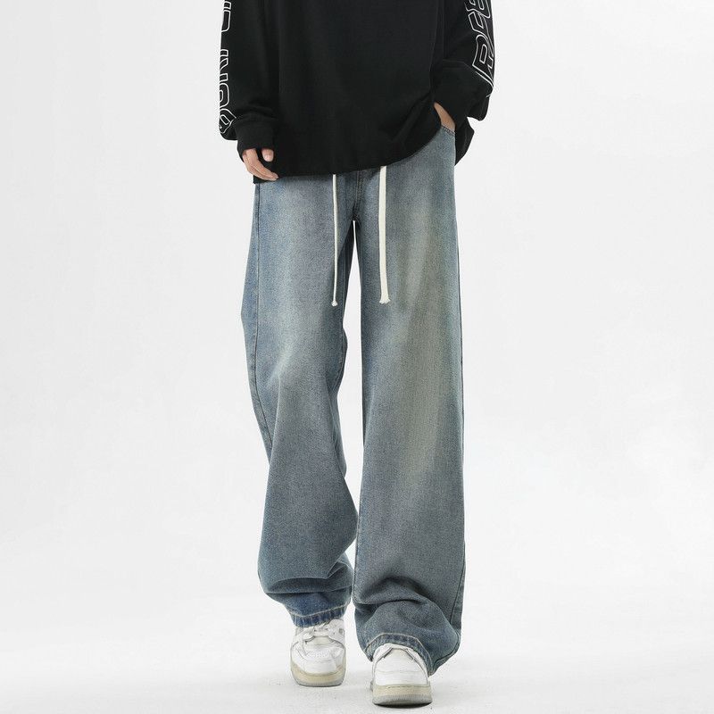Wukong Has Trendy Brand American Washed Old Drawstring Jeans Men's Retro Loose Trend Versatile Wide-leg Trousers In Stock_mkmklike.com