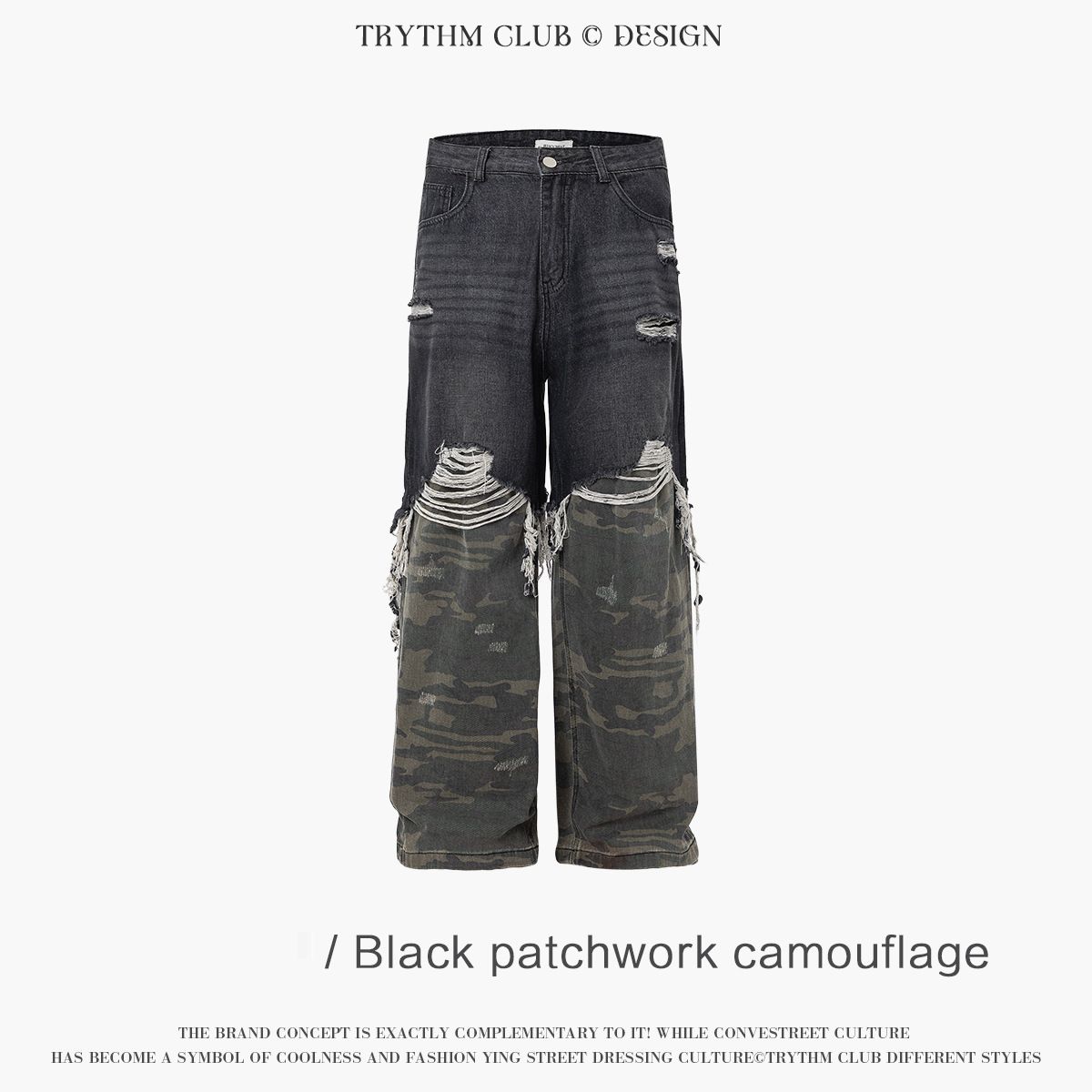Men's Clothing ripped old retro street jeans denim stitching camouflage washed trousers_mkmklike.com