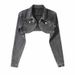 "Women's Cropped Denim Jacket - High Waist Shawl Collar Retro Style (Light Blue/Black Gray)"_mkmklike.com