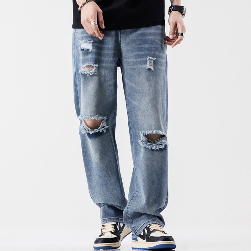 Mode Vintage Jeans Herren Streetwear Zerrissen Lose Hip Hop Loch Hose Lässig Gerade Männliche Kleidung Breite Jeans Hose_mkmklike.com