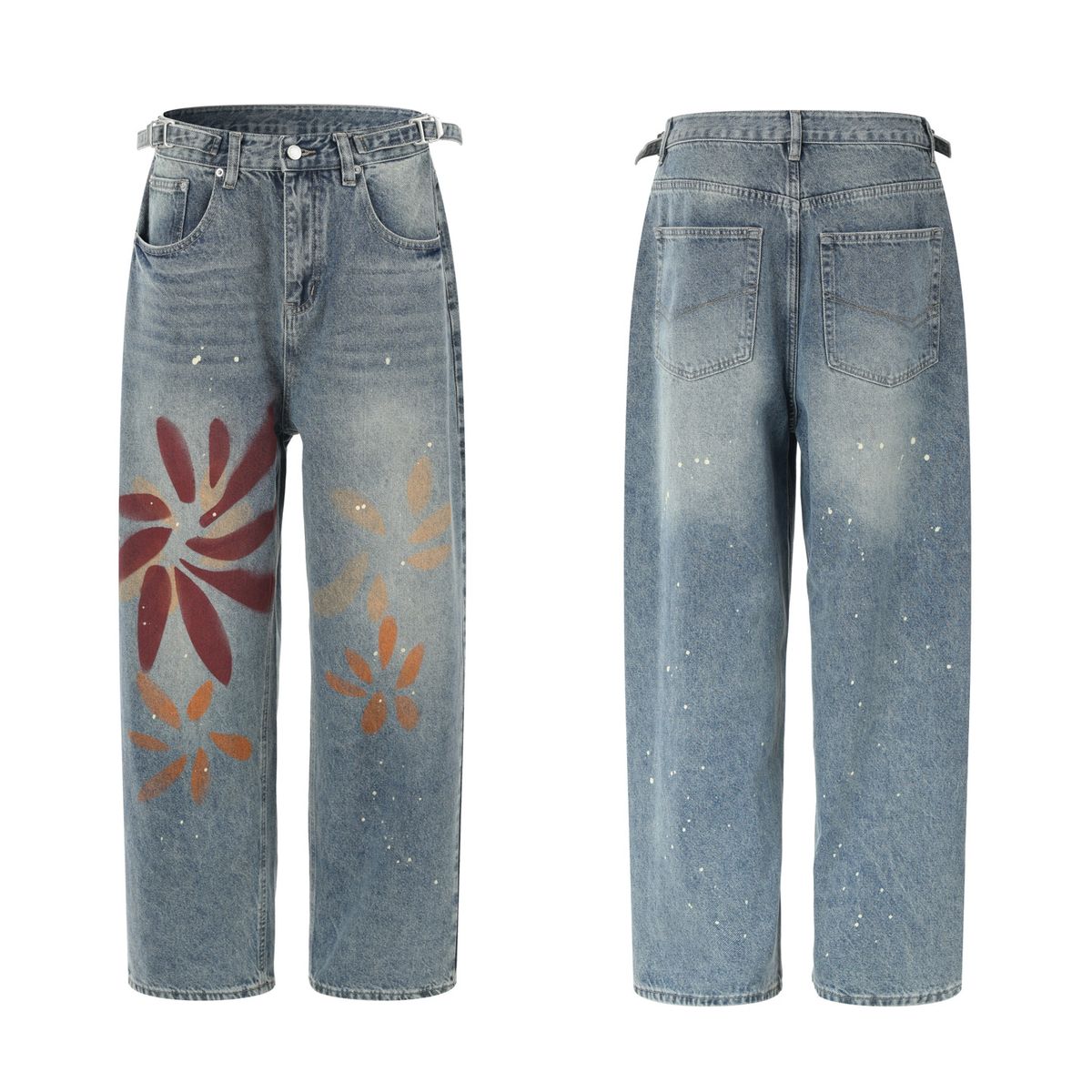 Men's Trendy High Street Style Washed Distressed Printed Graffiti Jeans Loose Straight Leg Wide Leg Pants For Spring Autumn_mkmklike.com