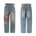 Men's Trendy High Street Style Washed Distressed Printed Graffiti Jeans Loose Straight Leg Wide Leg Pants For Spring Autumn_mkmklike.com