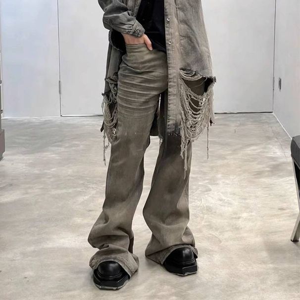 Men's Clothing Washed Flared Wide Leg Vintage Washed Distressed Flared Wide-Leg Stacked Hem High-Waisted Boho Punk Denim Pants For Women_mkmklike.com