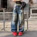 Men's Clothing Trendy Loose Fitting Straight Leg Jeans Blue Washed Faux Ripped Mid Waist Cotton Long Pants Machine Washable_mkmklike.com