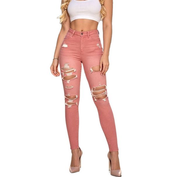 Pink High-Waisted Stretch Jeans Ripped Slim Fit Hip Lifting Style Women's Skinny Jeans_mkmklike.com