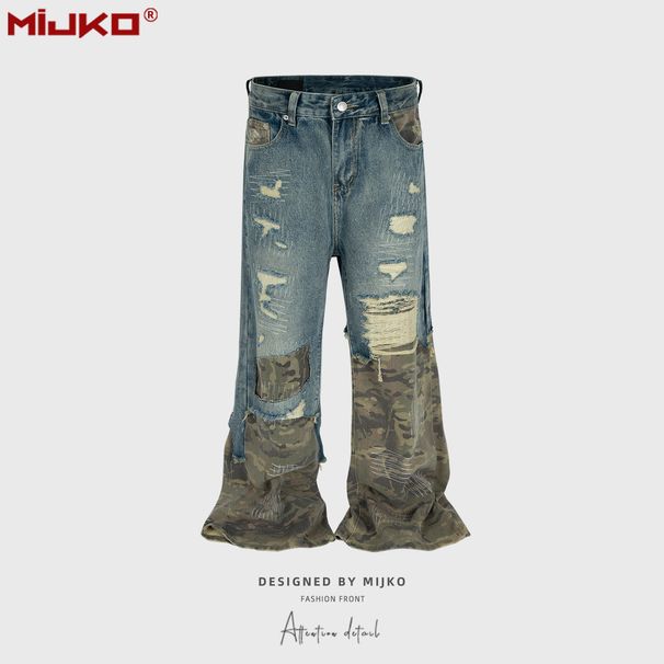 Men's Clothing Distressed Hole Design Men's And Women's Jeans Flared Wide Leg Pants_mkmklike.com