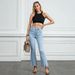 Vintage Washed High-Rise Flared Jeans Stretch Denim Pants For Women ( 80% Cotton, Retro 70s Style, Comfortable Mid Waist, Distressed Hem)_mkmklike.com