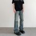 "Vintage Washed Distressed Jeans For Men & Women - Raw Hem Straight To Slightly Flared Denim Pants With Handmade Rips, Retro Streetwear Fashion"_mkmklike.com