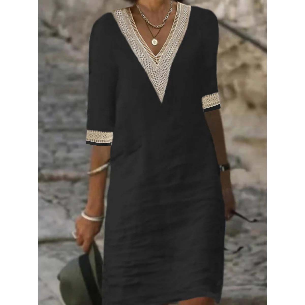 Women's solid color V-neck mid-sleeve cotton and linen casual dress_mkmklike.com