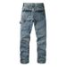 Men's Washed Blue Denim Jeans With Rhinestone & Patchwork Detail, Straight Leg Cargo Pants_mkmklike.com